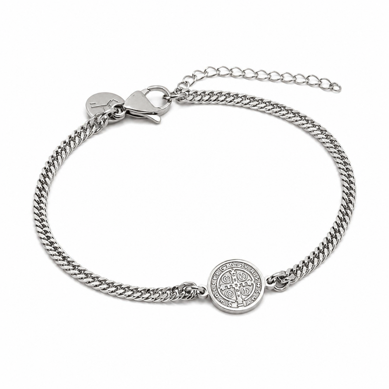 Pulseira Masculina de São Bento de Corrente de Aço Prateada